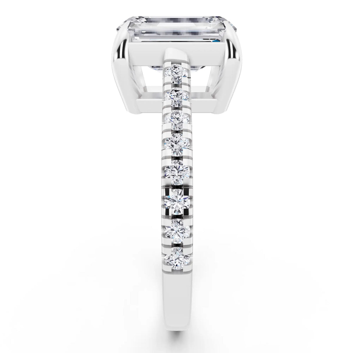 14 KT White Gold Emerald Cut Diamond Claw Prong Solitaire Ring with French Pave Band - side view