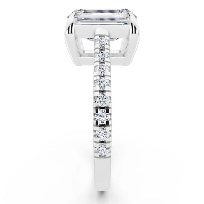 14 KT White Gold Emerald Cut Diamond Claw Prong Solitaire Ring with French Pave Band - side view