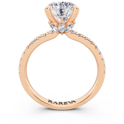 18 KT Rose Gold Round Cut Diamond Solitaire Ring with Marquise Collar - through finger
