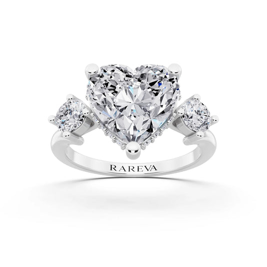 18 KT White Gold Heart Cut Diamond Three Stone Engagement Ring with Hidden Halo - front view