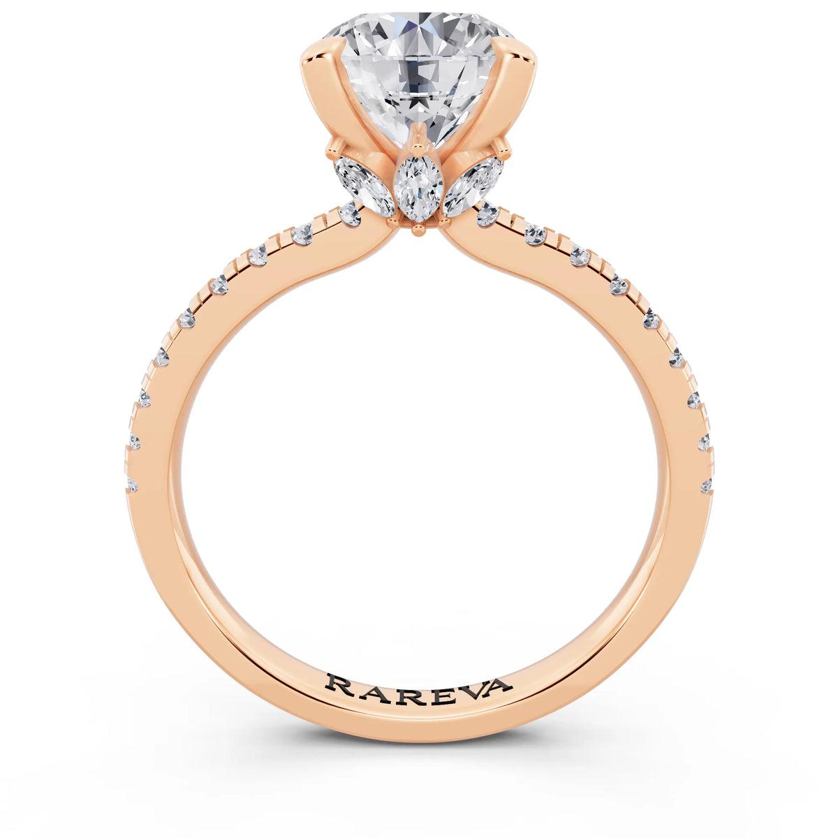 14 KT Rose Gold Round Cut Diamond Solitaire Ring with Marquise Collar - through finger
