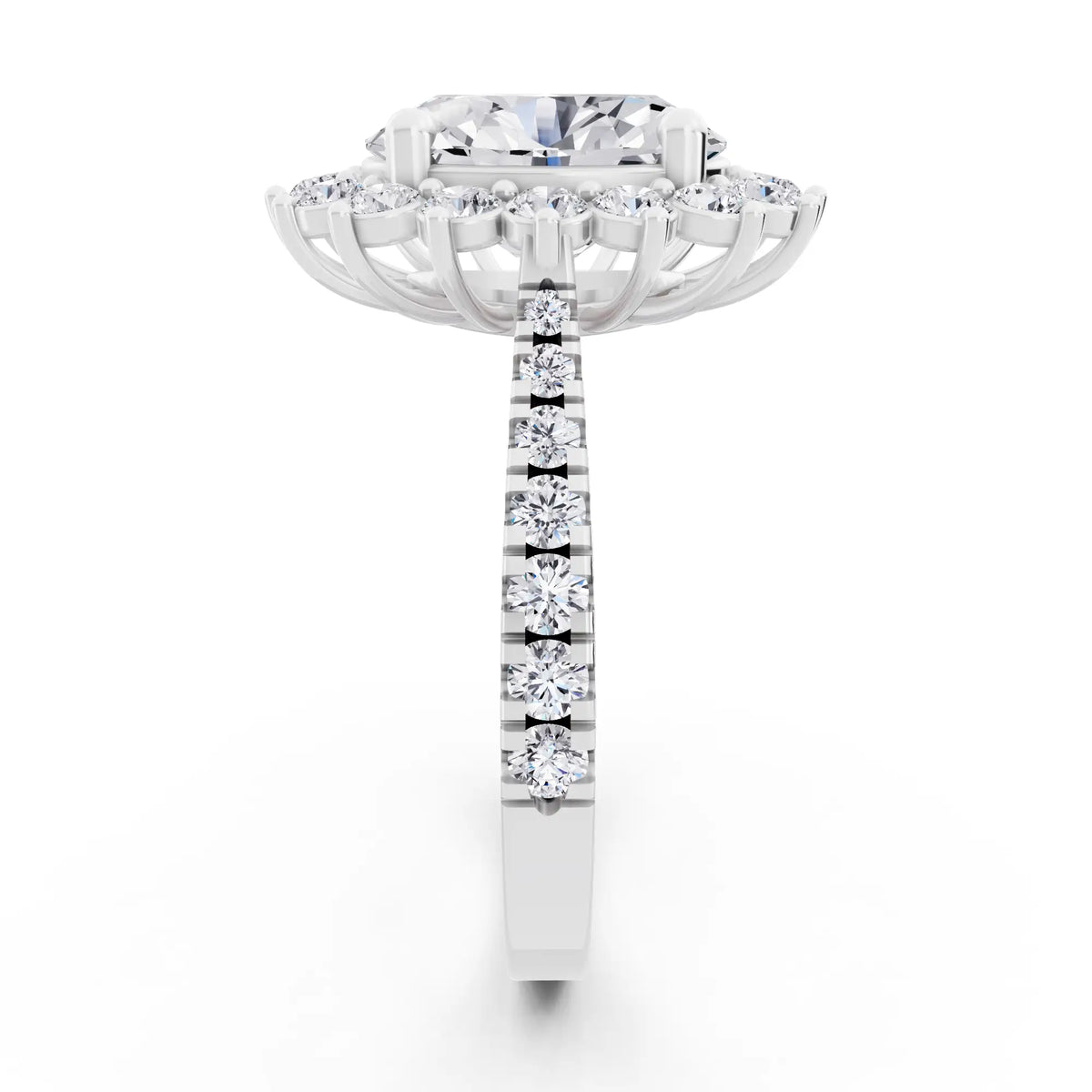 18 KT White Gold Oval Cut Diamond Floral Halo Ring with Pave Band - Side view