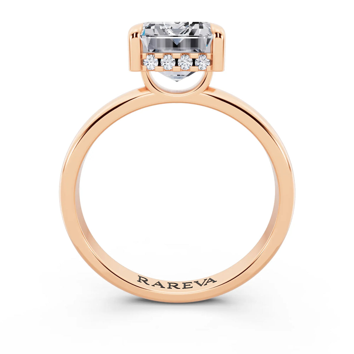 14 KT Rose Gold Emerald Cut Diamond Solitaire Ring with Hidden Halo - through finger