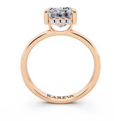 14 KT Rose Gold Emerald Cut Diamond Solitaire Ring with Hidden Halo - through finger