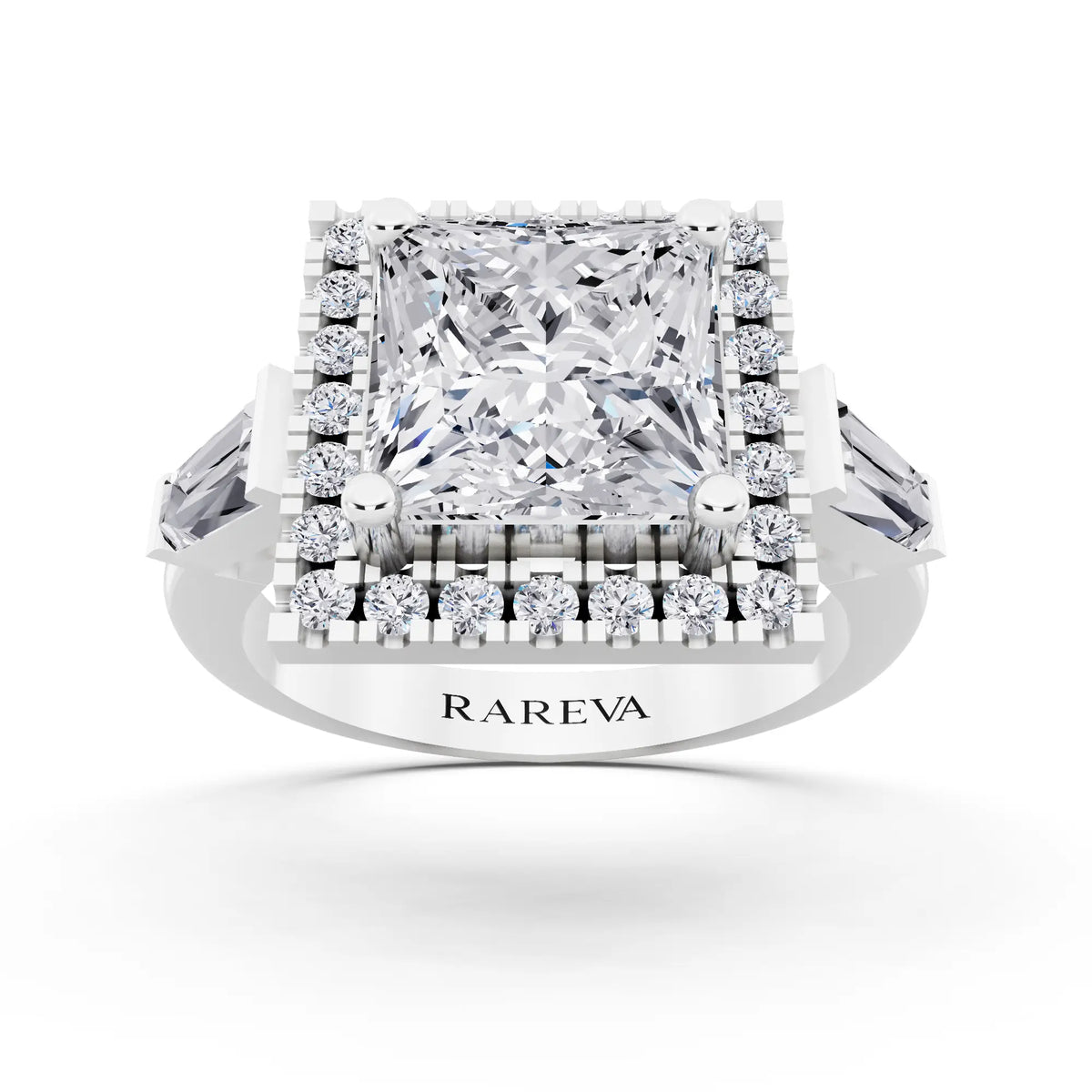 14 KT White Gold Princess Cut Diamond Halo Ring with Baguette Accents - front view