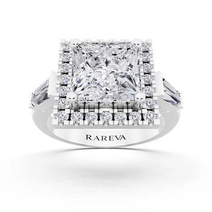 14 KT White Gold Princess Cut Diamond Halo Ring with Baguette Accents - front view