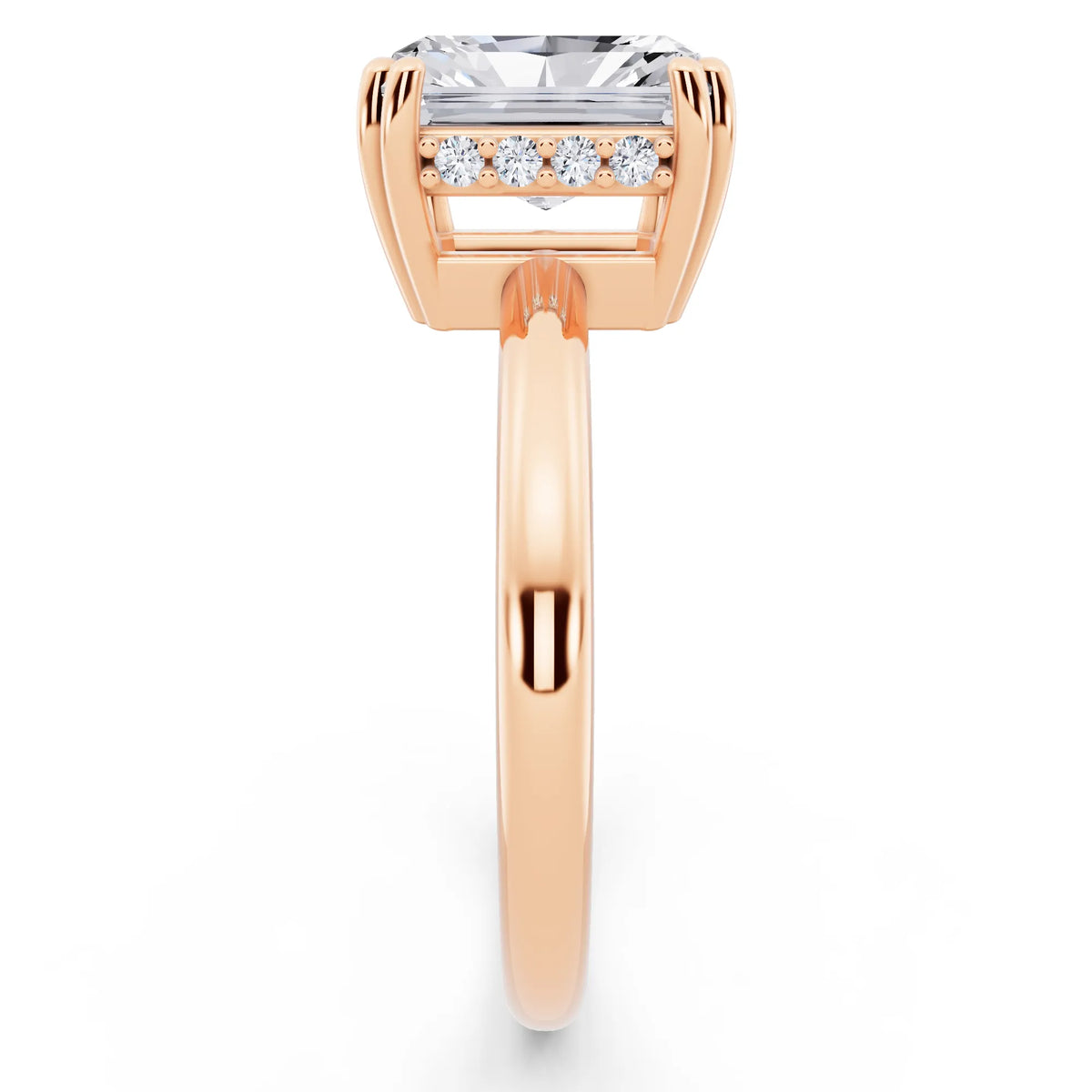 18 KT Rose Gold Radiant Cut Diamond Solitaire Ring with Hidden Accent Basket - side view
