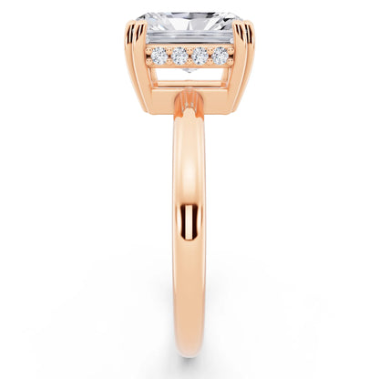 18 KT Rose Gold Radiant Cut Diamond Solitaire Ring with Hidden Accent Basket - side view