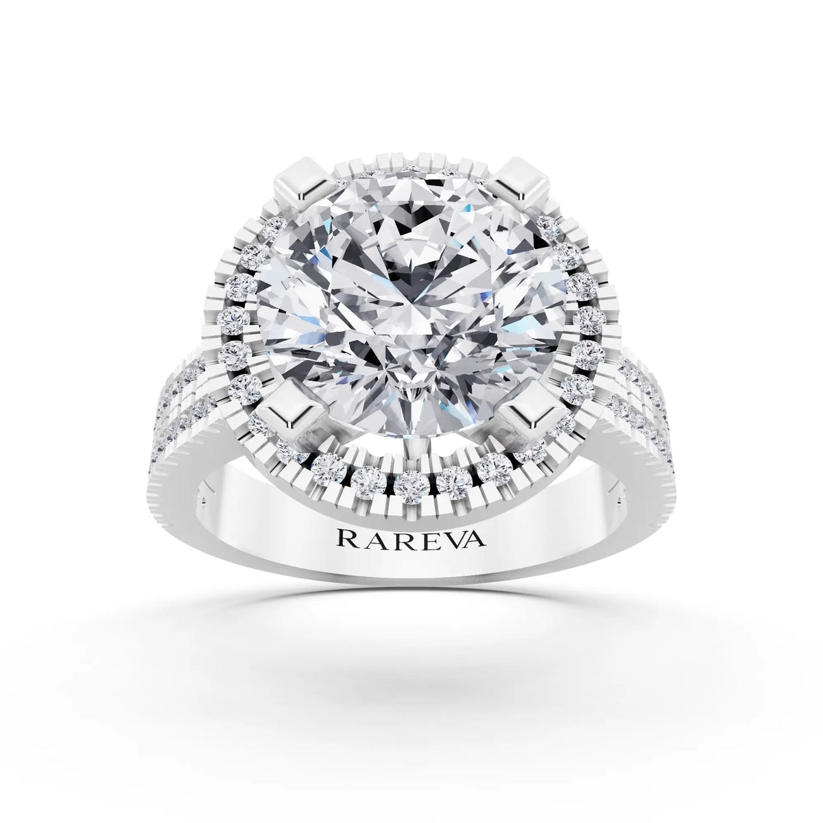 18 KT White Gold Round Cut Diamond Halo Ring with Twin Pave Band - front view