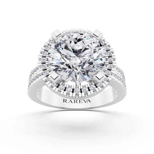 18 KT White Gold Round Cut Diamond Halo Ring with Twin Pave Band - front view