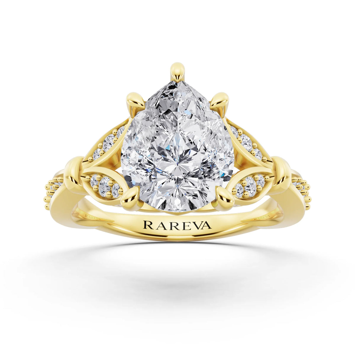 18 KT Yellow Gold Pear Cut Diamond Ring with Lotus Collar - front view