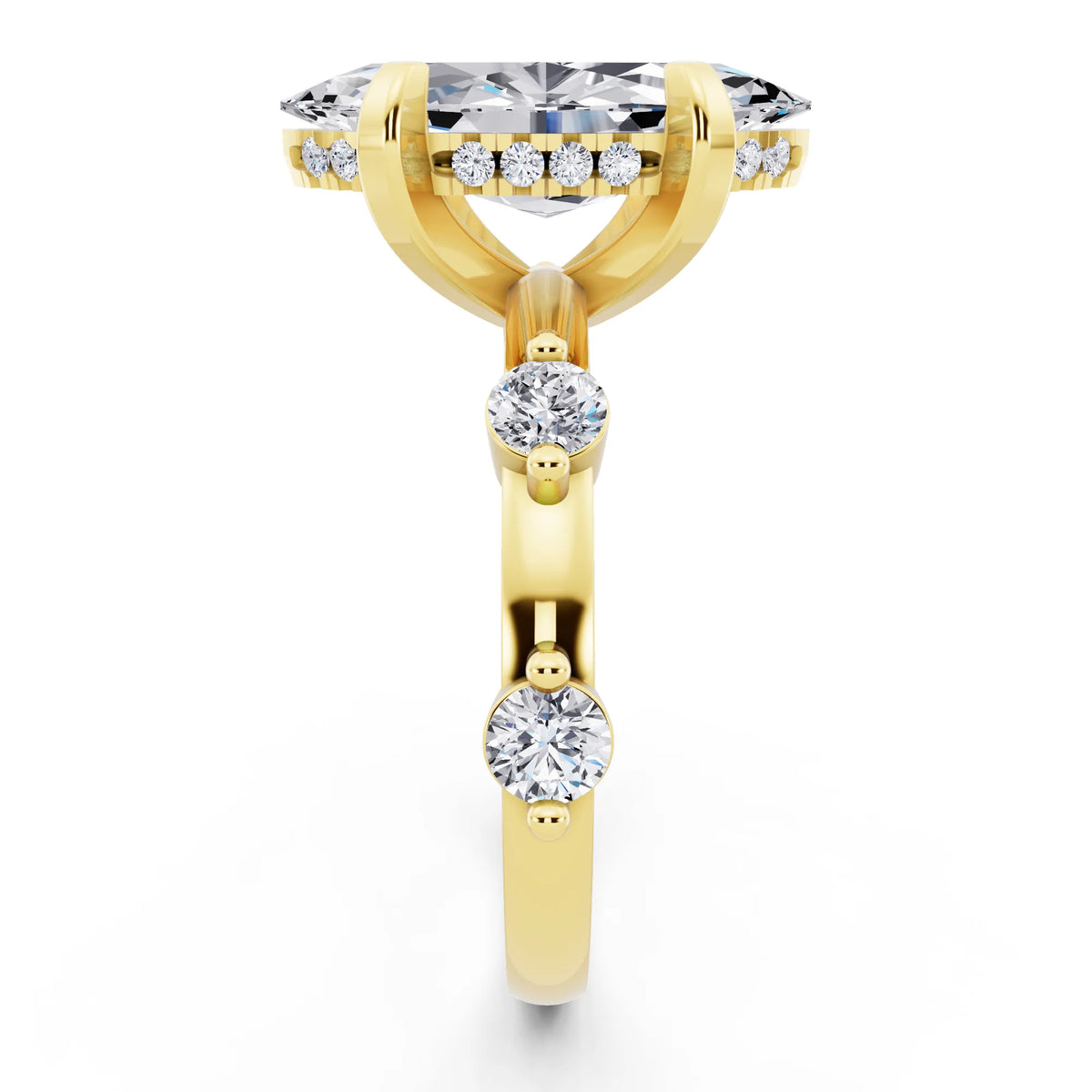 18 KT Yellow Gold Marquise Cut Diamond Solitaire Ring with Floating Diamond Accents - side view