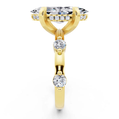18 KT Yellow Gold Marquise Cut Diamond Solitaire Ring with Floating Diamond Accents - side view