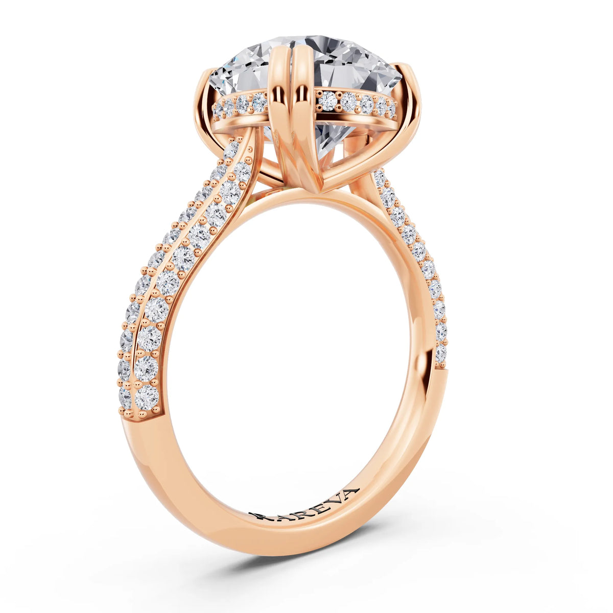 14 KT Rose Gold Round Cut Diamond Hidden Halo Double Claw Pave Band Ring - top view