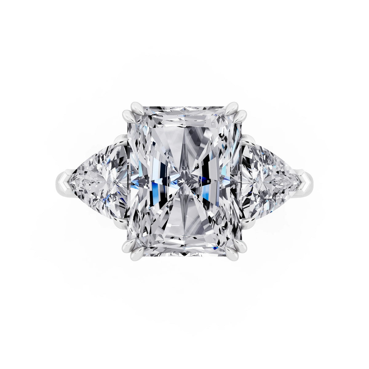 14 KT White Gold Radiant Cut Diamond Three Stone Ring with Trillion Accents - top angle