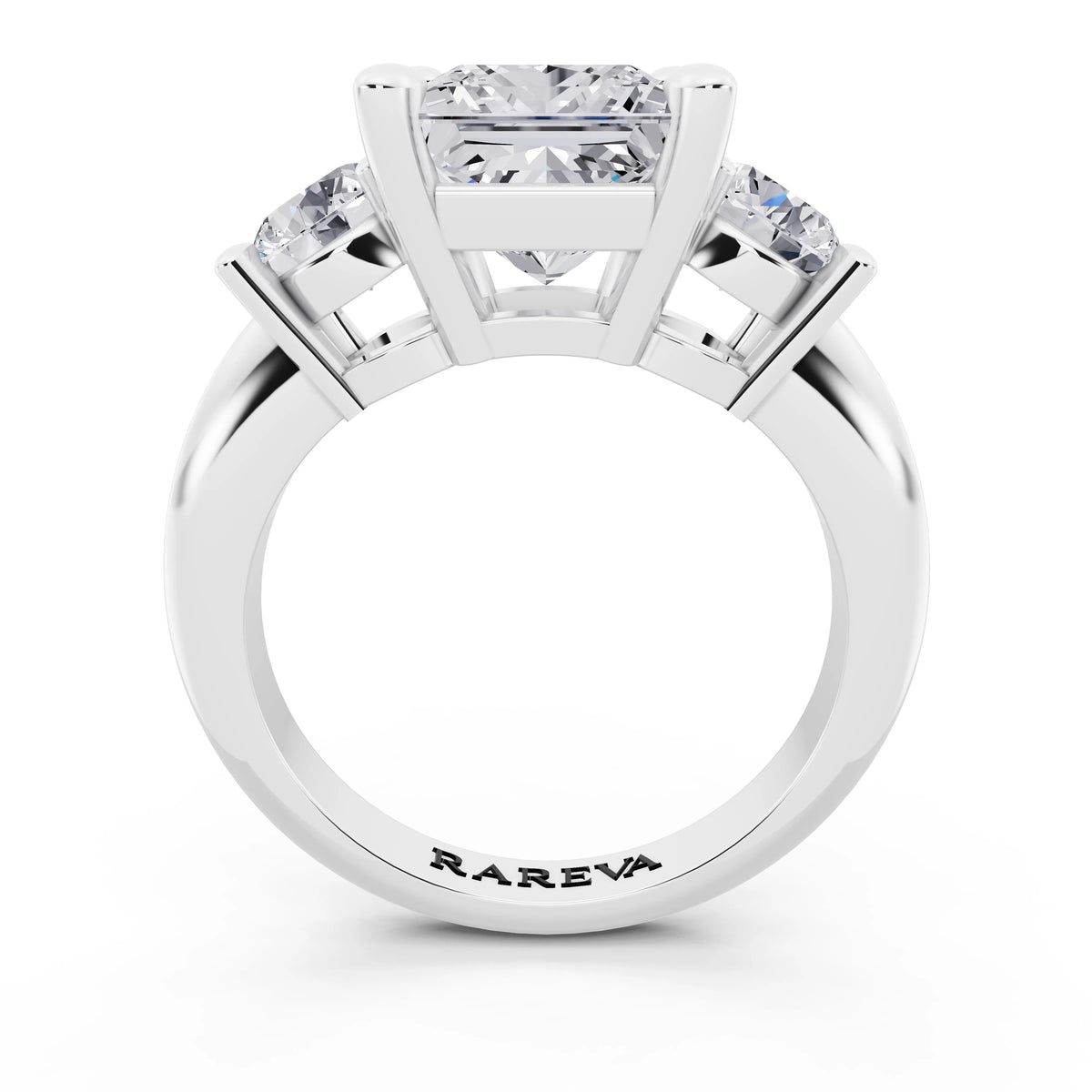 Platinum Princess Cut Diamond Three Stone Ring with Round Accents - through finger