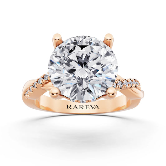 18 KT Rose Gold Round Cut Diamond Hidden Halo Ring with Twisted Pave Band - front view