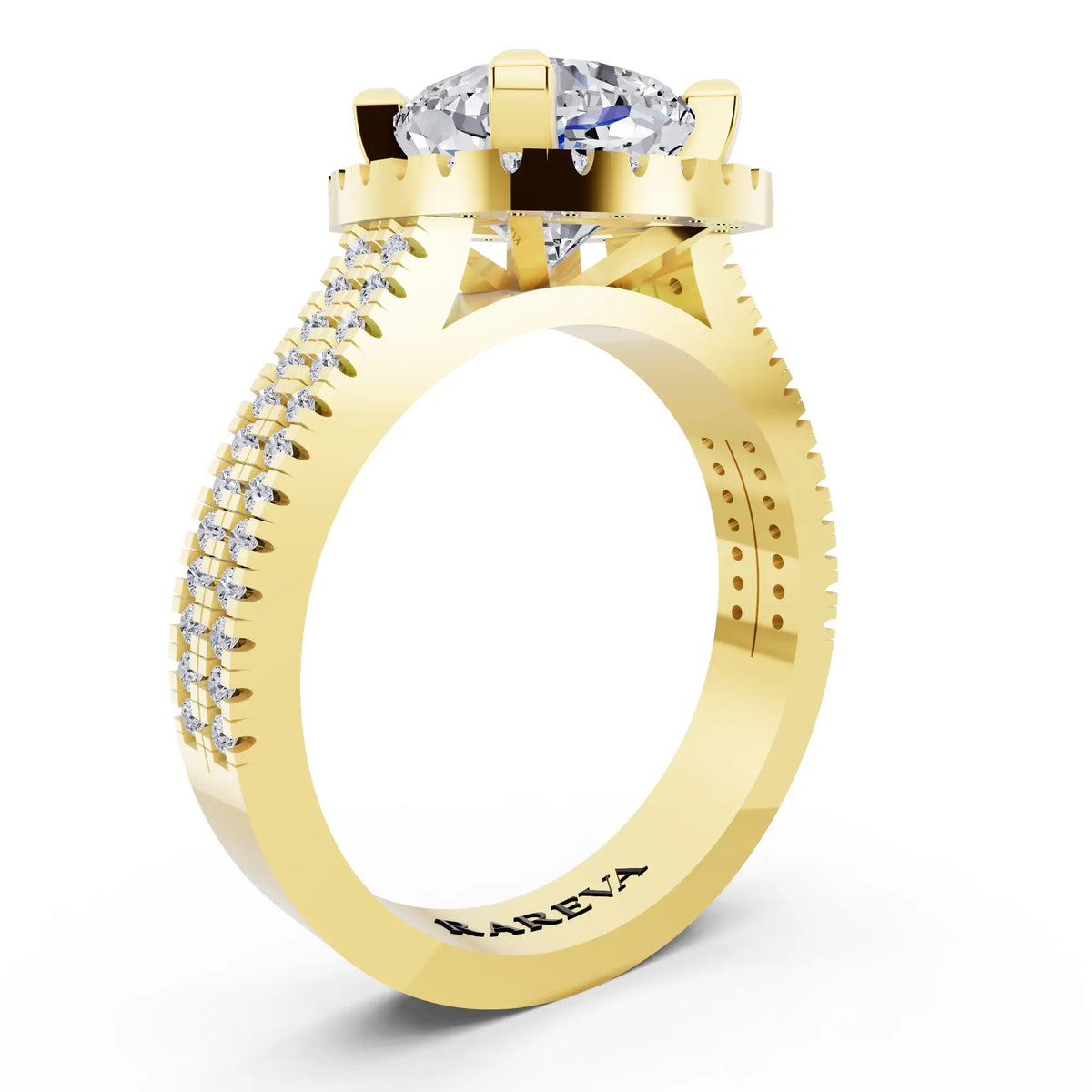 18 KT Yellow Gold Cushion Cut Diamond Halo Ring with Twin Pave Band - top view