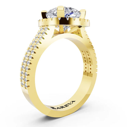18 KT Yellow Gold Cushion Cut Diamond Halo Ring with Twin Pave Band - top view