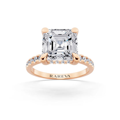 18 KT Rose Gold Asscher Cut Diamond Solitaire Ring with Round Pavé Band and Prong Setting - front view