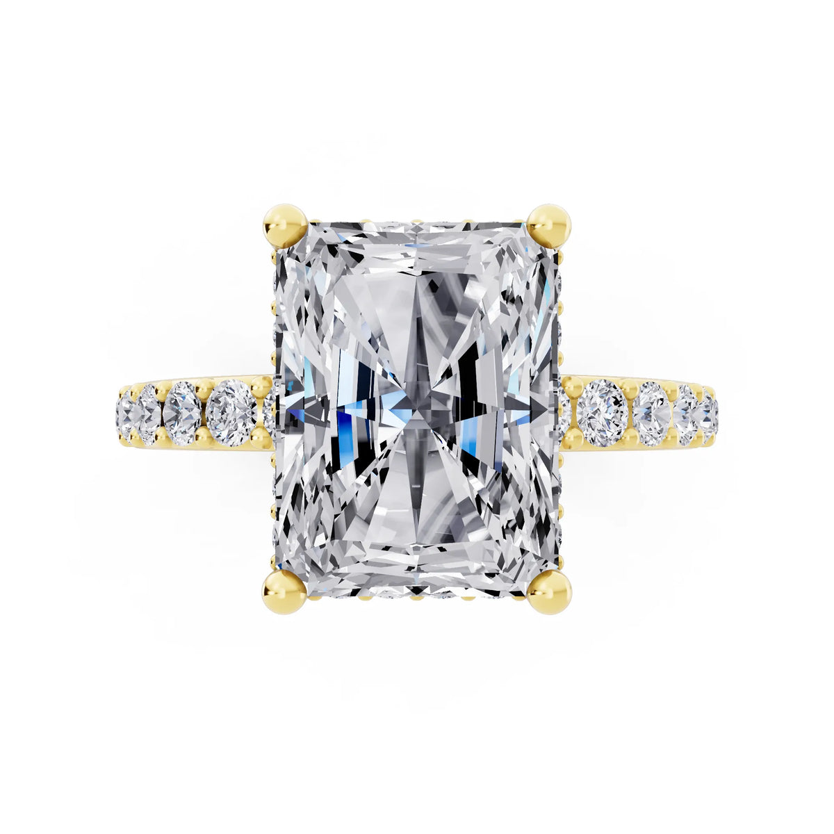 18 KT Yellow Gold Radiant Cut Diamond Solitaire Ring with Hidden Halo and Pave Band - top angle