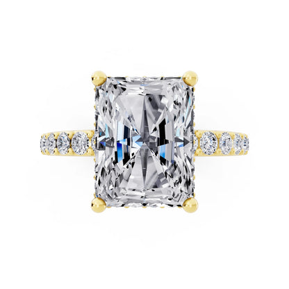 18 KT Yellow Gold Radiant Cut Diamond Solitaire Ring with Hidden Halo and Pave Band - top angle