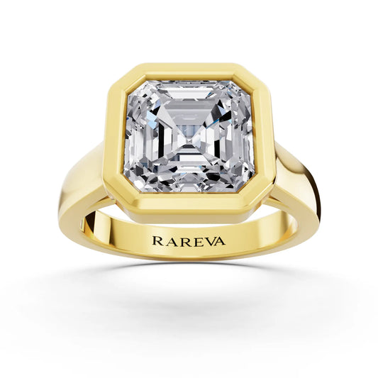 14 KT Yellow Gold Asscher Cut Diamond Bezel Set Solitaire Ring - top angle
