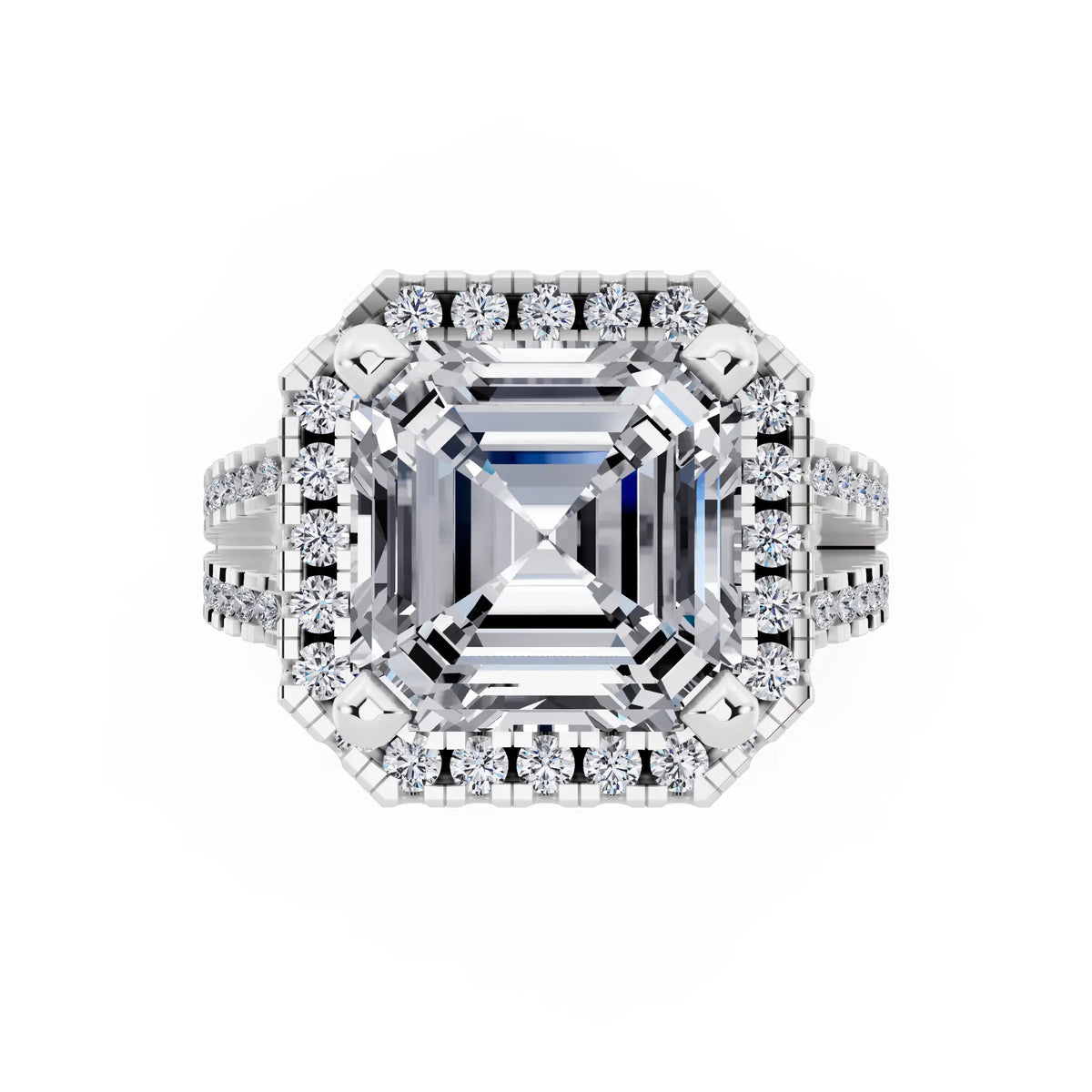 18 KT White Gold Asscher Cut Diamond Halo Ring with Pave Split Shank - top angle