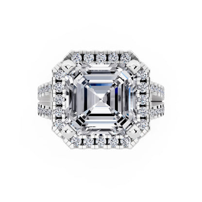 18 KT White Gold Asscher Cut Diamond Halo Ring with Pave Split Shank - top angle