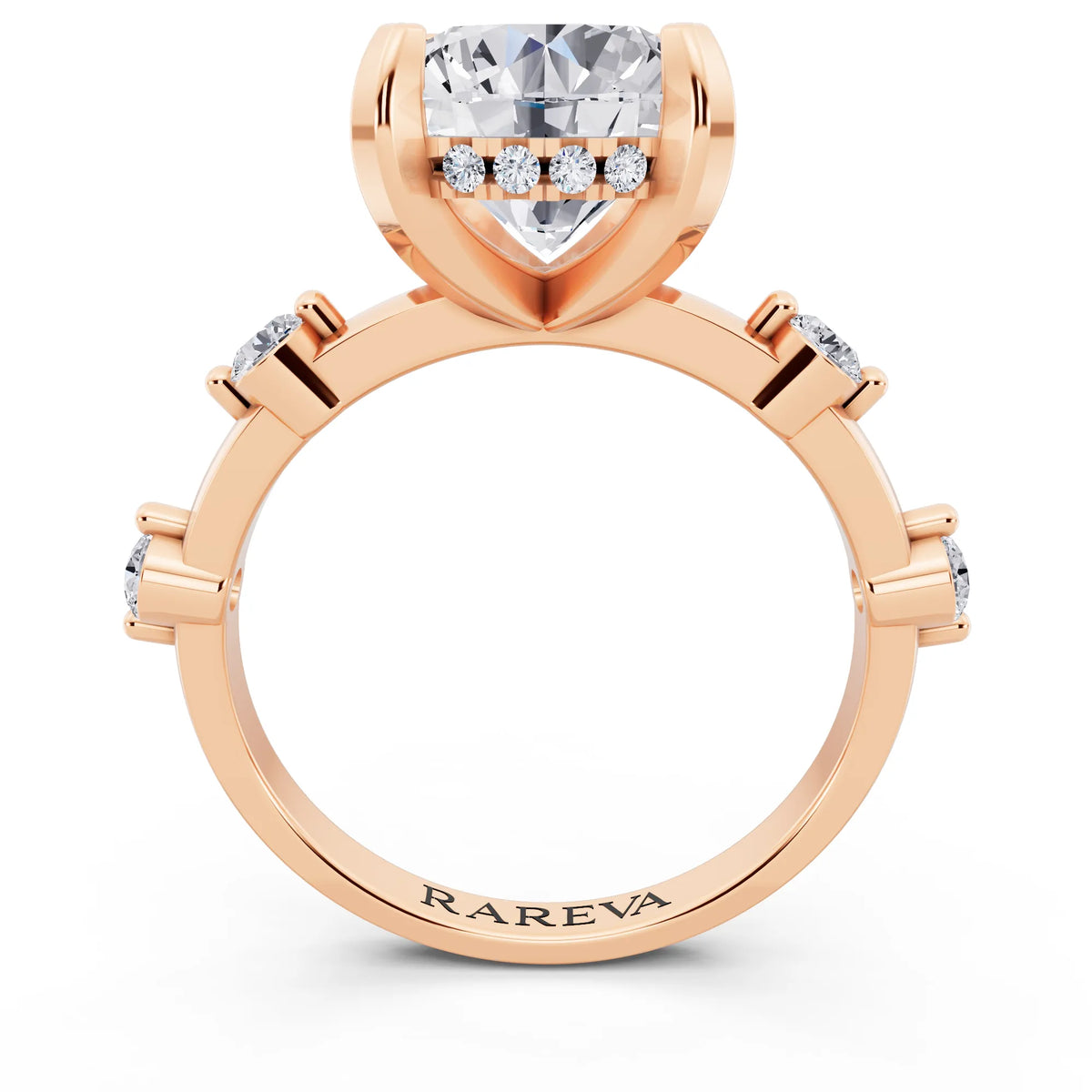 14 KT Rose Gold Round Cut Diamond Solitaire Ring with Floating Diamond Accents - through finger