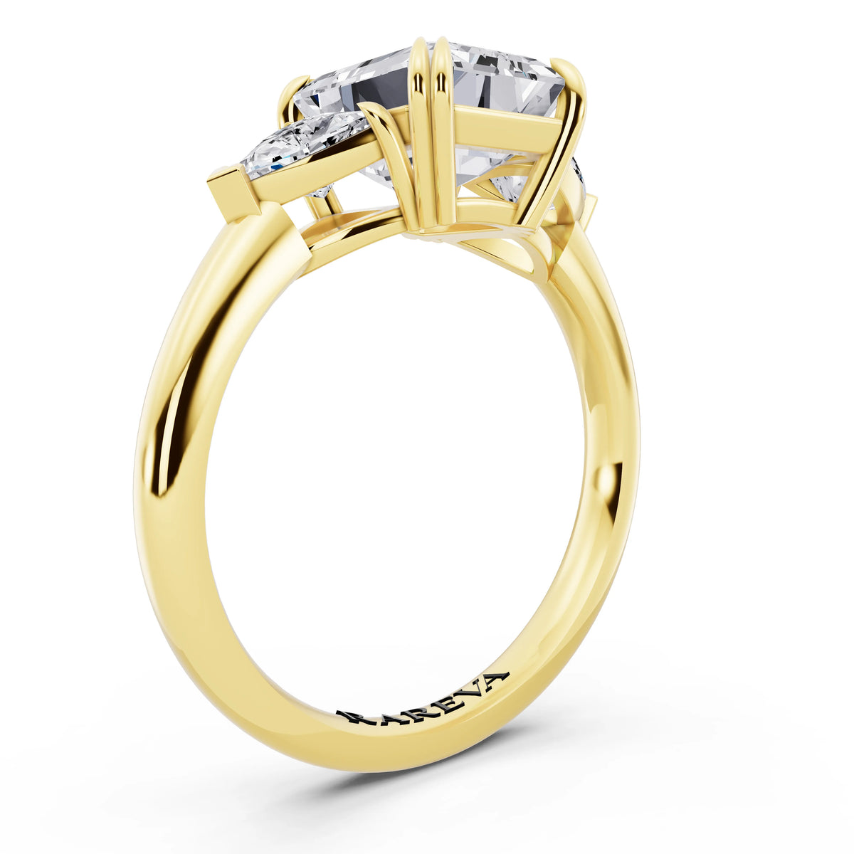 18 KT Yellow Gold Emerald Cut Diamond Three Stone Ring with Trillion Accents - top view