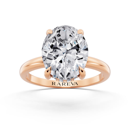 18 KT Rose Gold Oval Cut Diamond Solitaire Ring with Hidden Halo - front view