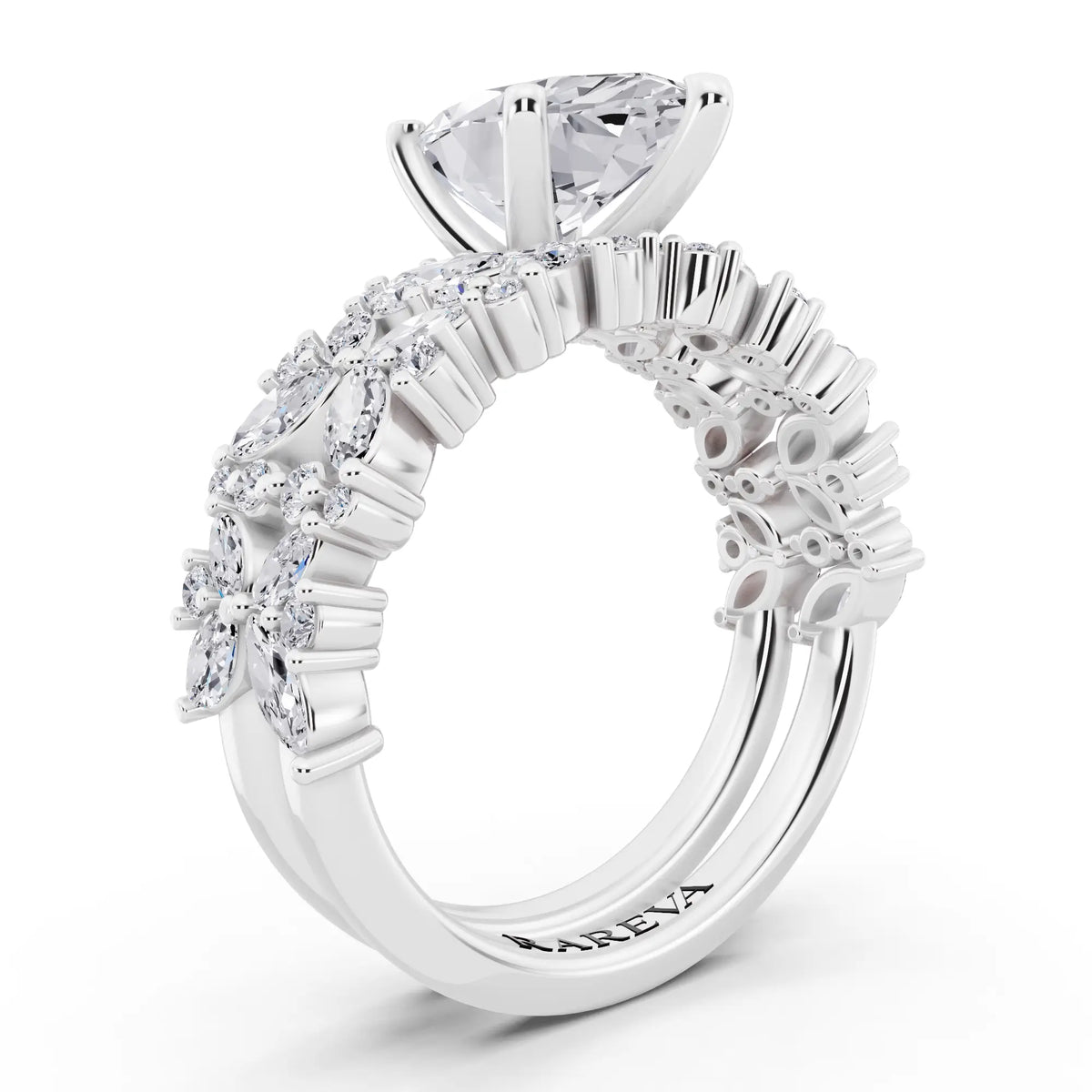 18 KT White Gold Marquise Cut Diamond Ring with Marquise Cluster Band - top view