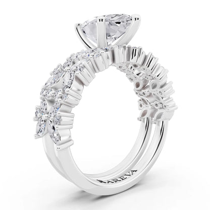 18 KT White Gold Marquise Cut Diamond Ring with Marquise Cluster Band - top view