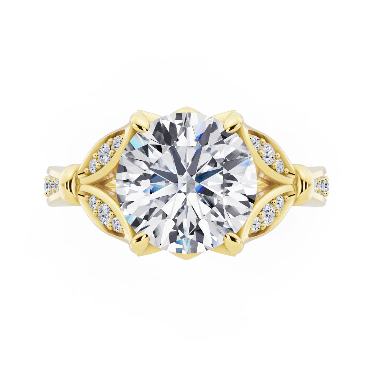 18 KT Yellow Gold Round Cut Diamond Ring with Lotus Collar - top angle