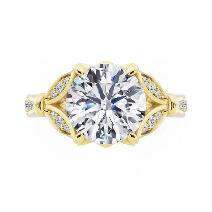 18 KT Yellow Gold Round Cut Diamond Ring with Lotus Collar - top angle