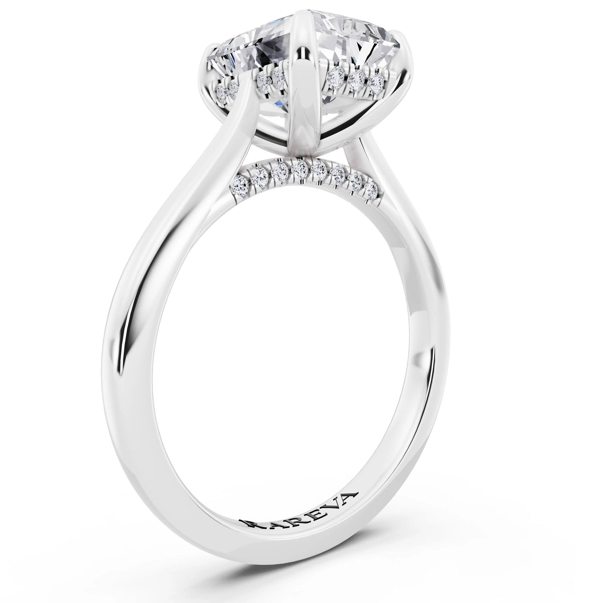 18 KT White Gold Radiant Cut Diamond Solitaire Ring with Cathedral Band - top view