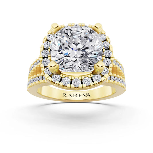 14 KT Yellow Gold Cushion Cut Diamond Halo Ring with Pave Split Shank - front view
