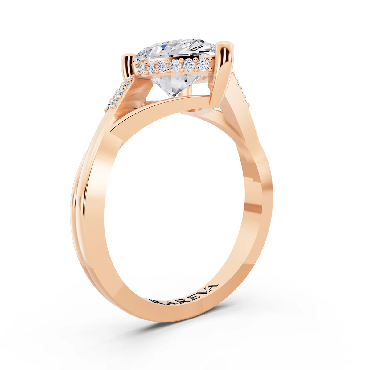 18 KT Rose Gold Pear Cut Diamond Split Shank Engagement Ring with Hidden Halo - top view