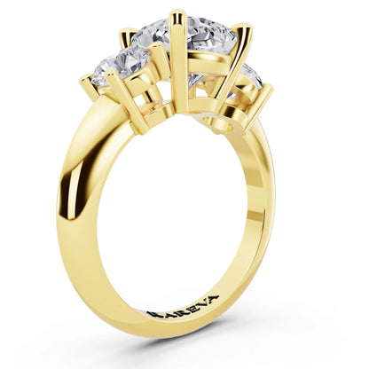 14 KT Yellow Gold Cushion Cut Diamond Three Stone Ring with Round Accents - top view