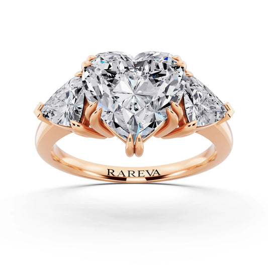 14 KT Rose Gold Heart Cut Diamond Three Stone Ring with Trillion Accents - front view