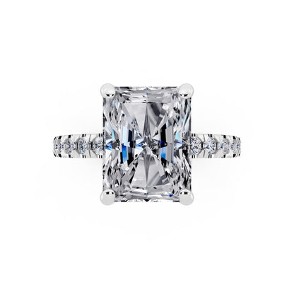 18 KT White Gold Radiant Cut Diamond Hidden Halo Ring with Pave Shank - top angle