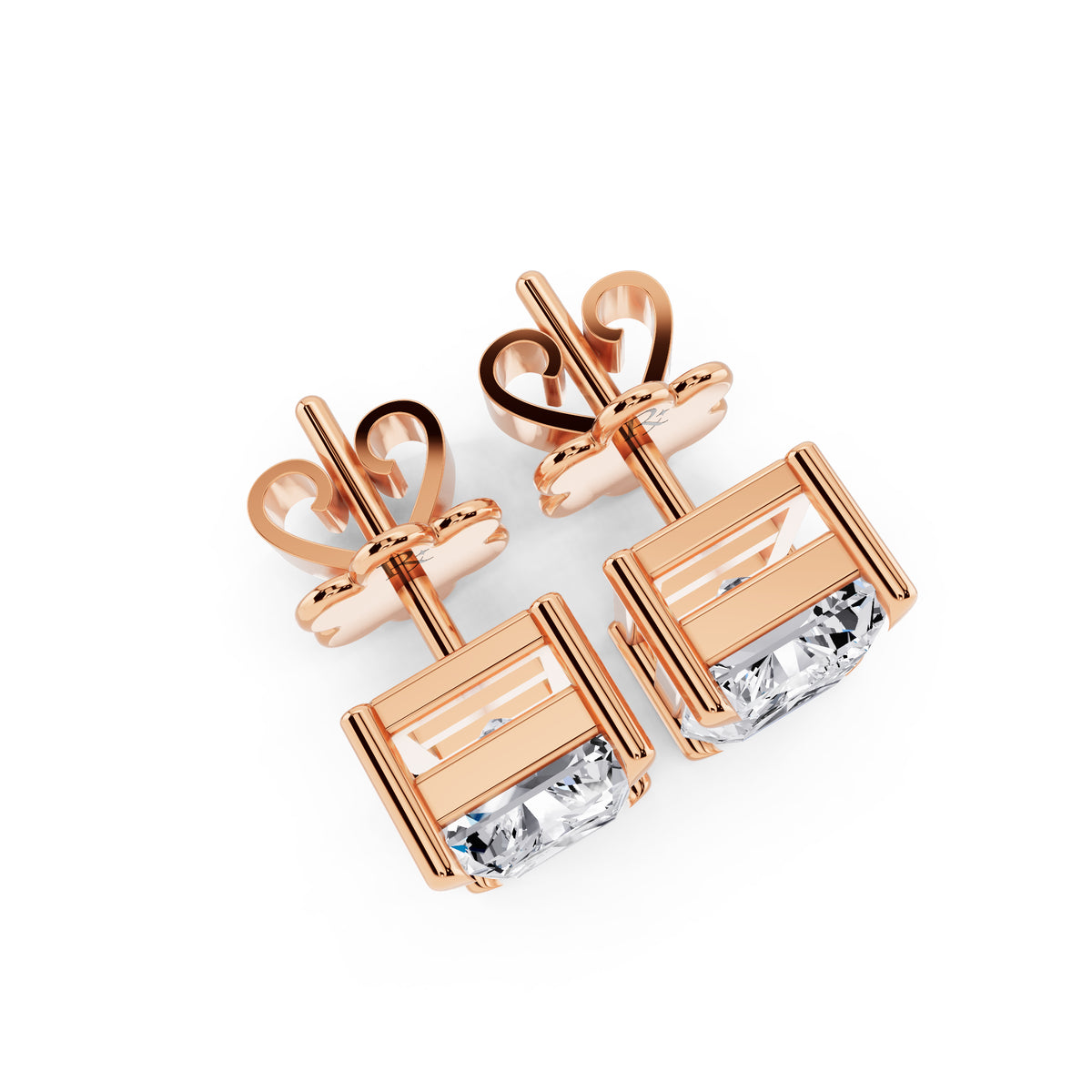 Radiant cut tiger-prong diamond stud earrings in rose gold, top view