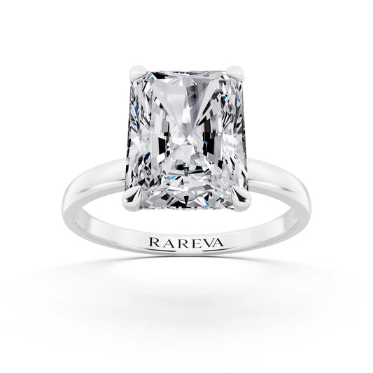 18 KT White Gold Radiant Cut Diamond Solitaire Ring with Pave Collar - front view