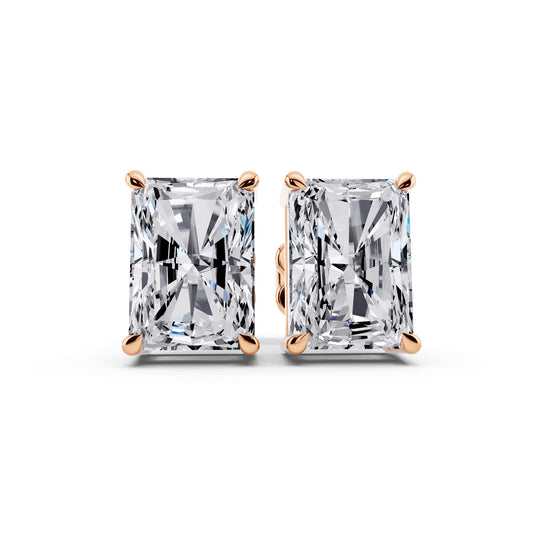 Radiant cut tiger-prong diamond stud earrings in rose gold, front view