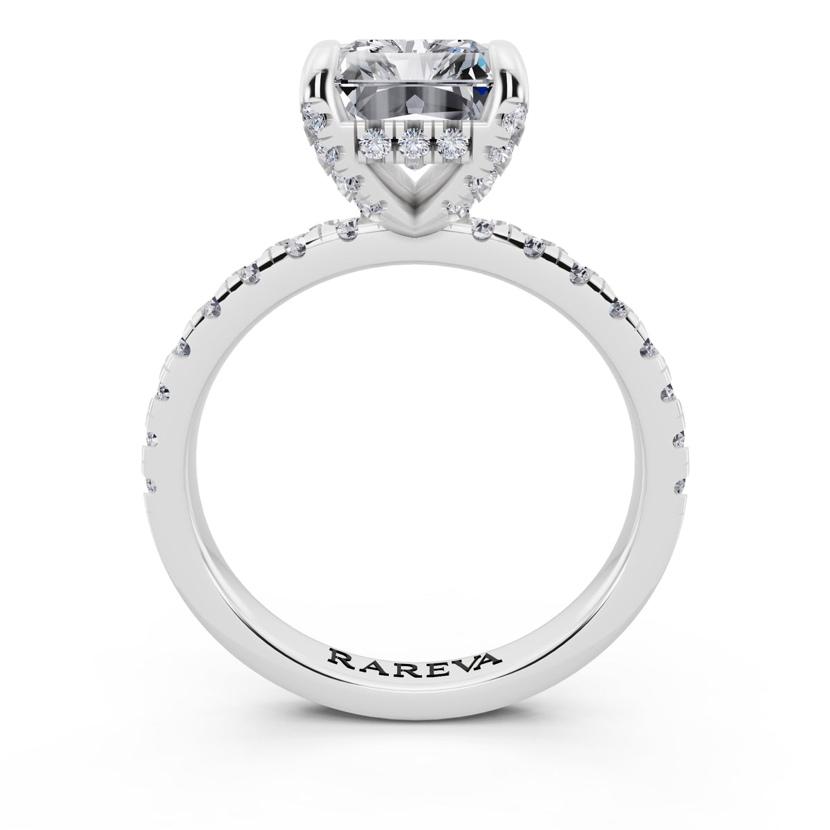 18 KT White Gold Radiant Cut Diamond Hidden Halo Ring with Pave Shank - through finger