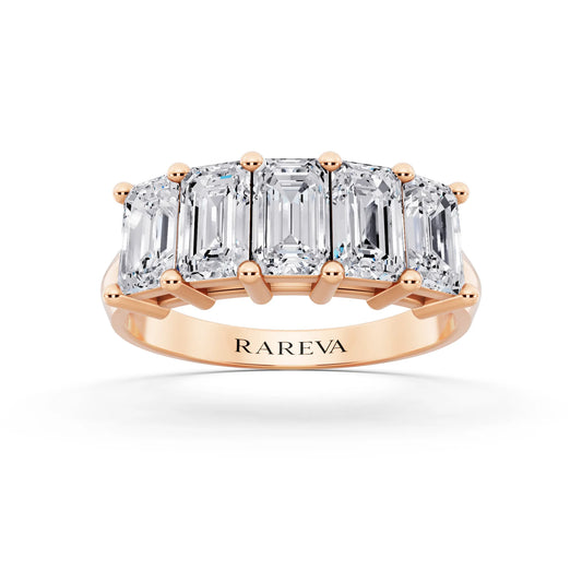 10K Rose Gold Five Stone Emerald Cut Diamond Half Eternity Wedding Band - 2.7mm - Front