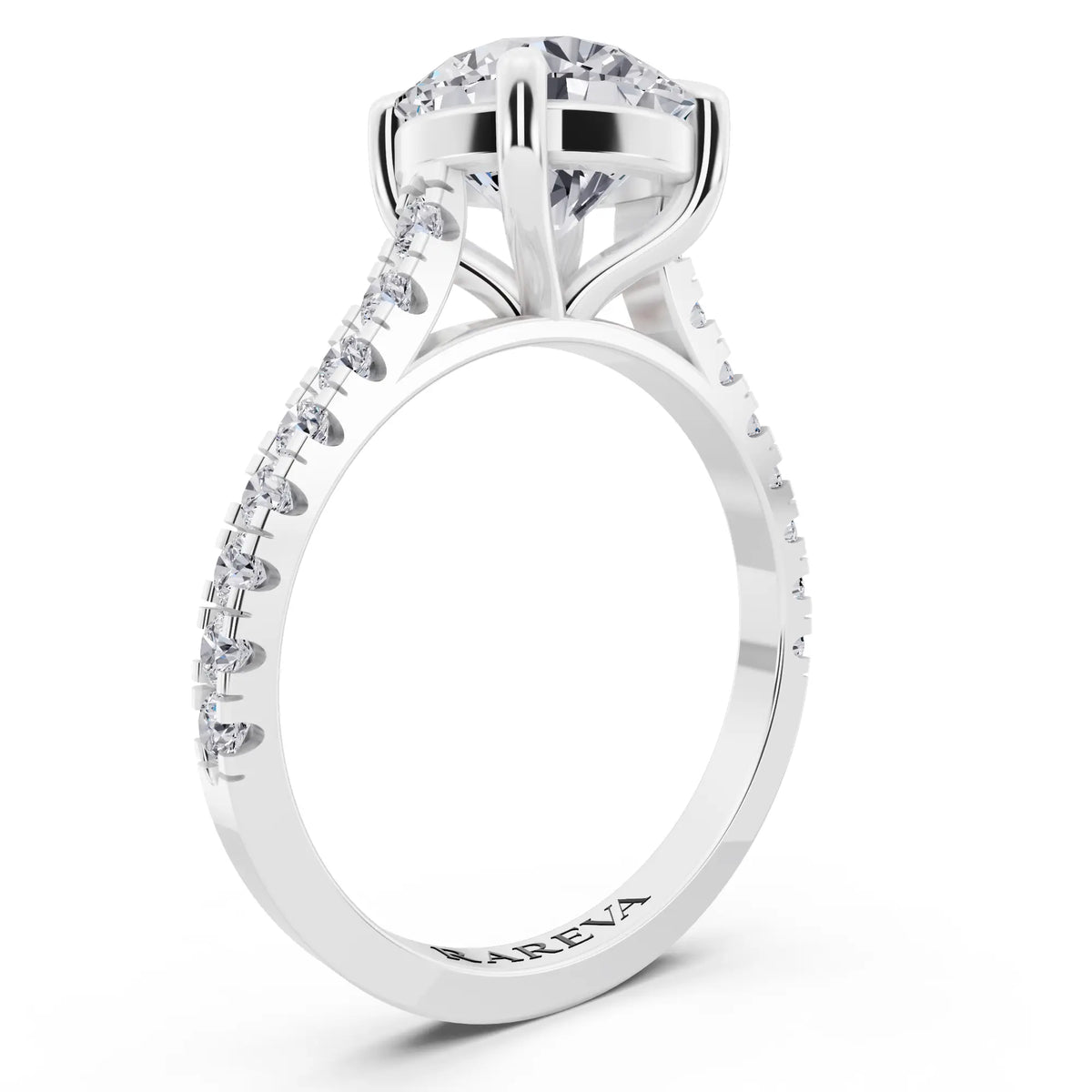 18 KT White Gold Round Cut Diamond Solitaire Ring with Pave Band - Top view