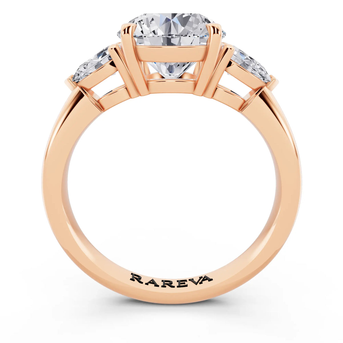 14 KT Rose Gold Round Cut Diamond Three Stone Pear Accent Ring - through finger