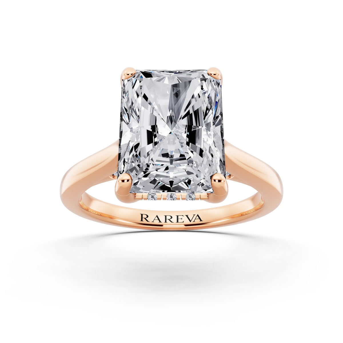 14 KT Rose Gold Radiant Cut Diamond Solitaire Ring with Cathedral Band - front view